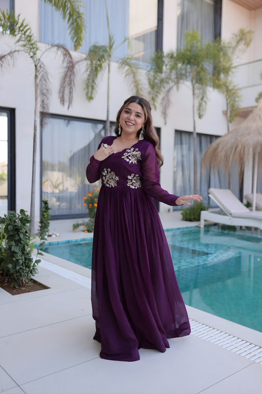Stylish Wine Silver Crunchy Embroidered Party Wear Gown for Women
