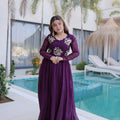 Stylish Wine Silver Crunchy Embroidered Party Wear Gown for Women