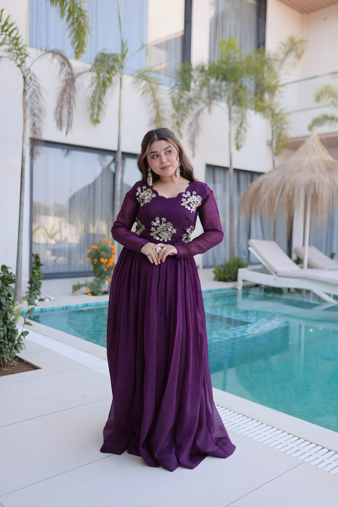 Stylish Wine Silver Crunchy Embroidered Party Wear Gown for Women