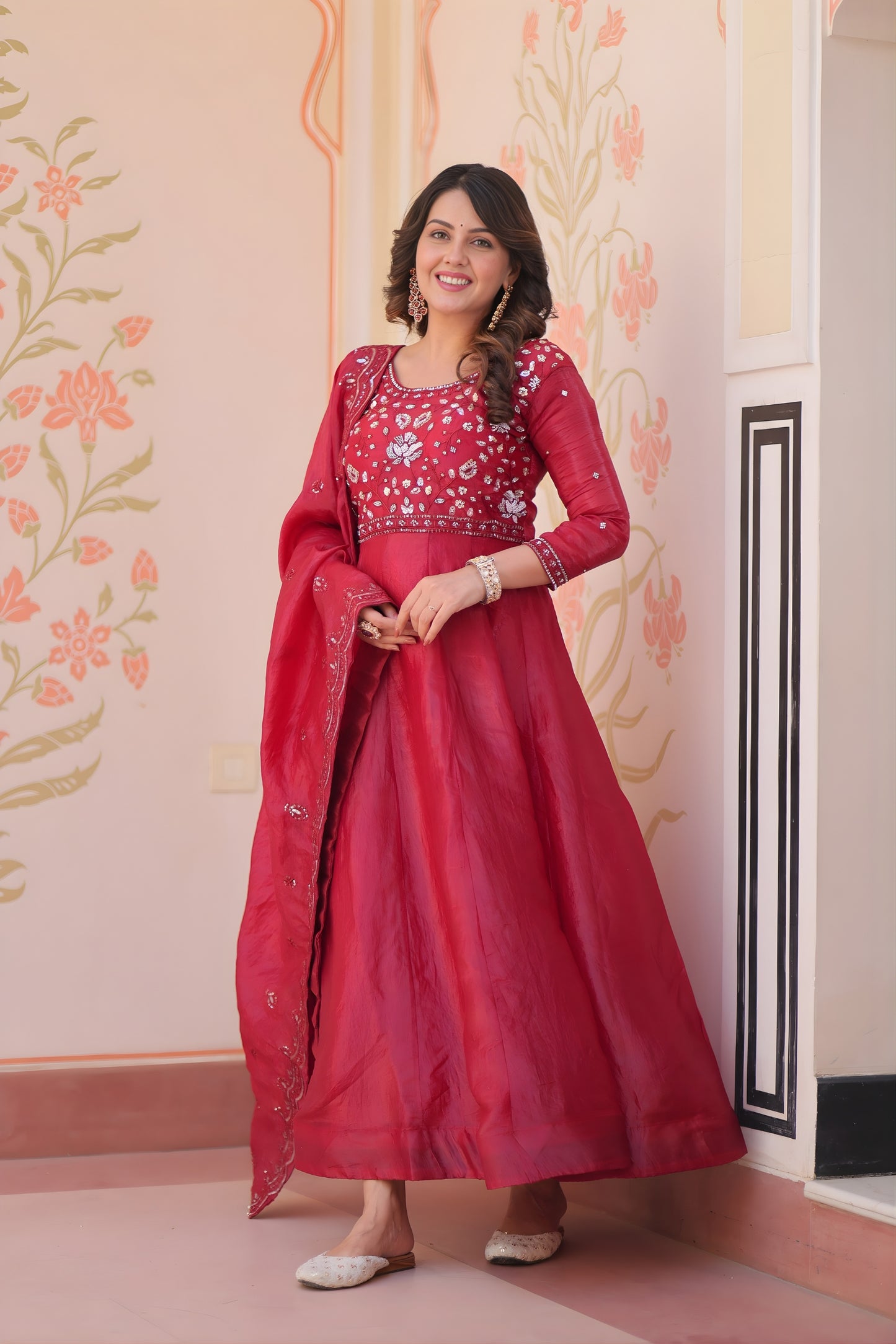 Awesome Maroon Gold Crush Embroidered Party Wear Gown with Dupatta for Women