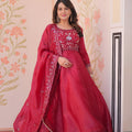 Awesome Maroon Gold Crush Embroidered Party Wear Gown with Dupatta for Women