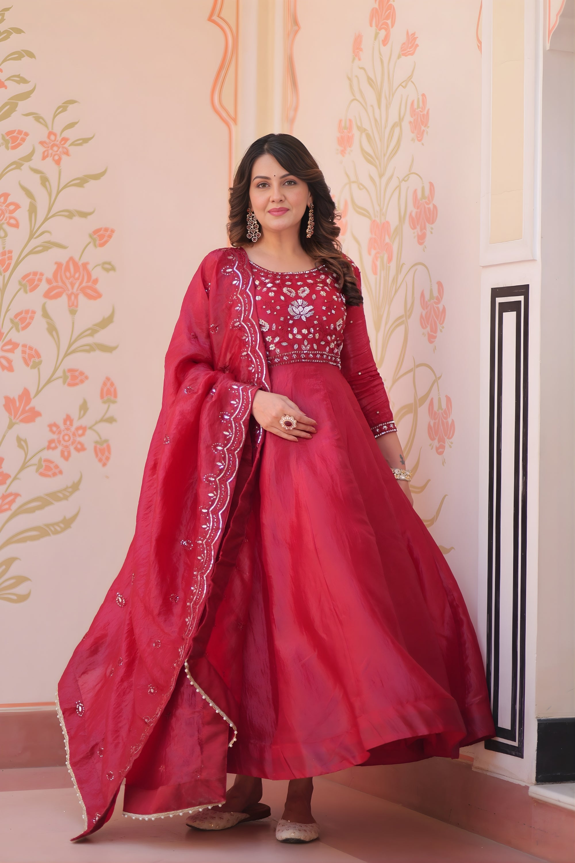 Awesome Maroon Gold Crush Embroidered Party Wear Gown with Dupatta for Mangaldeep NX Awesome Maroon Gold Crush Embroidered Party Wear Gown with Dupatta for Mangaldeep NX