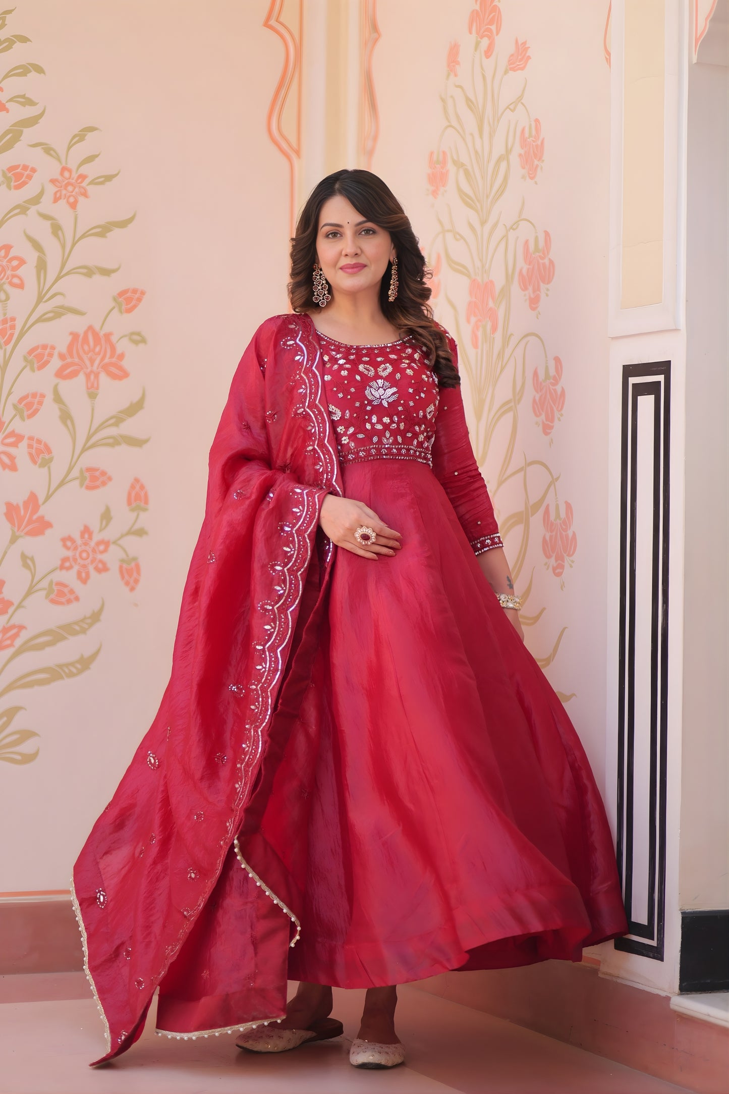 slim fit dress slacks Sitaraa Anarkali Dress With Embroidered Jacket And Red Dupatta (Set Of main image 0
