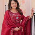 Awesome Maroon Gold Crush Embroidered Party Wear Gown with Dupatta for Women