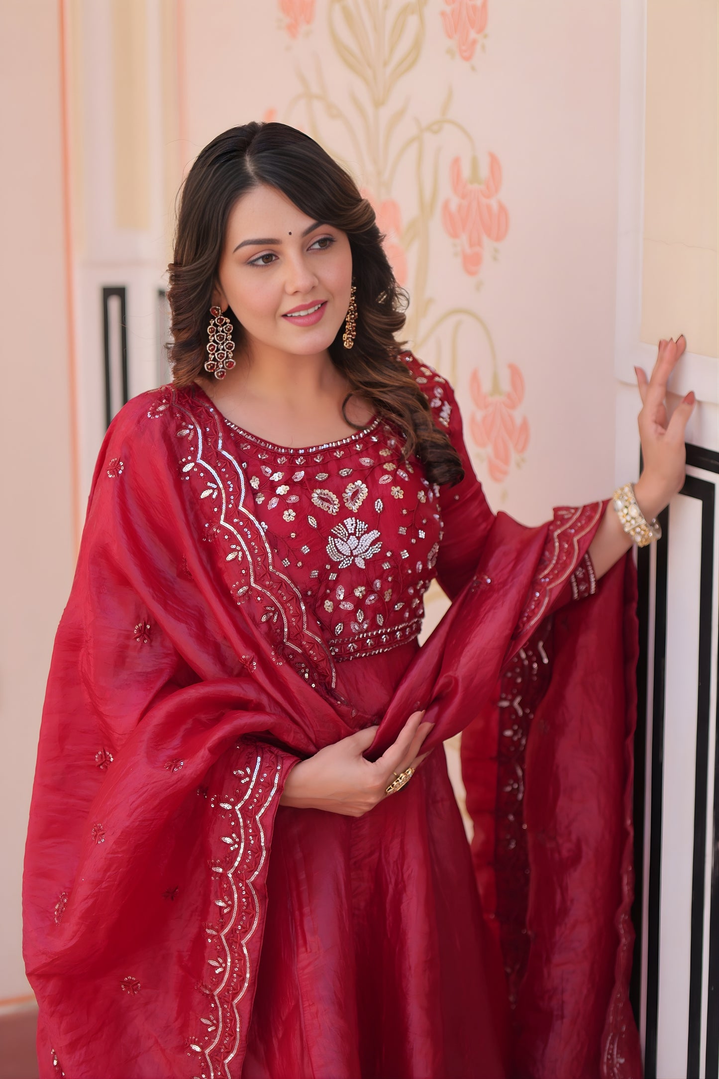 Awesome Maroon Gold Crush Embroidered Party Wear Gown with Dupatta for Women