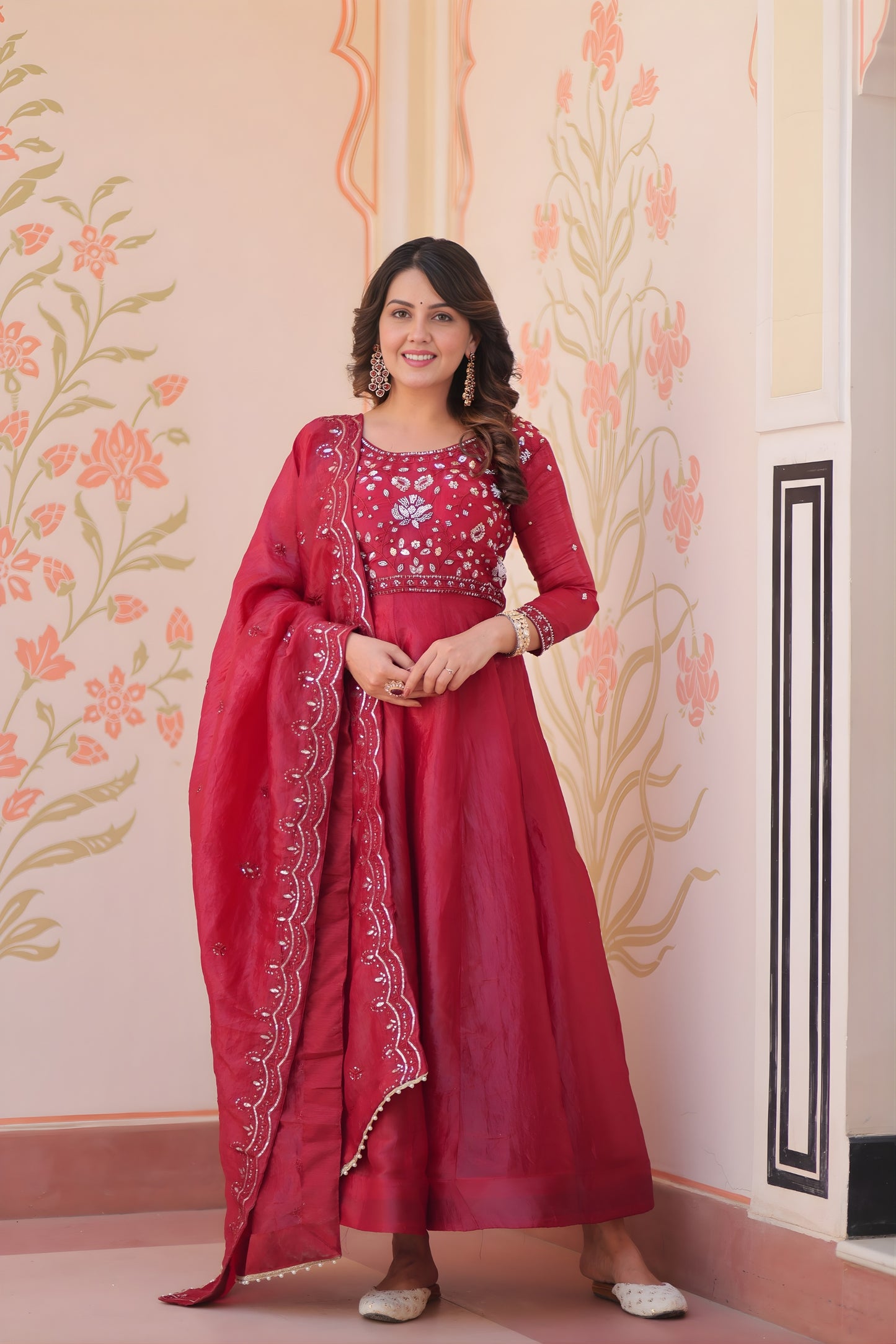 Awesome Maroon Gold Crush Embroidered Party Wear Gown with Dupatta for Women