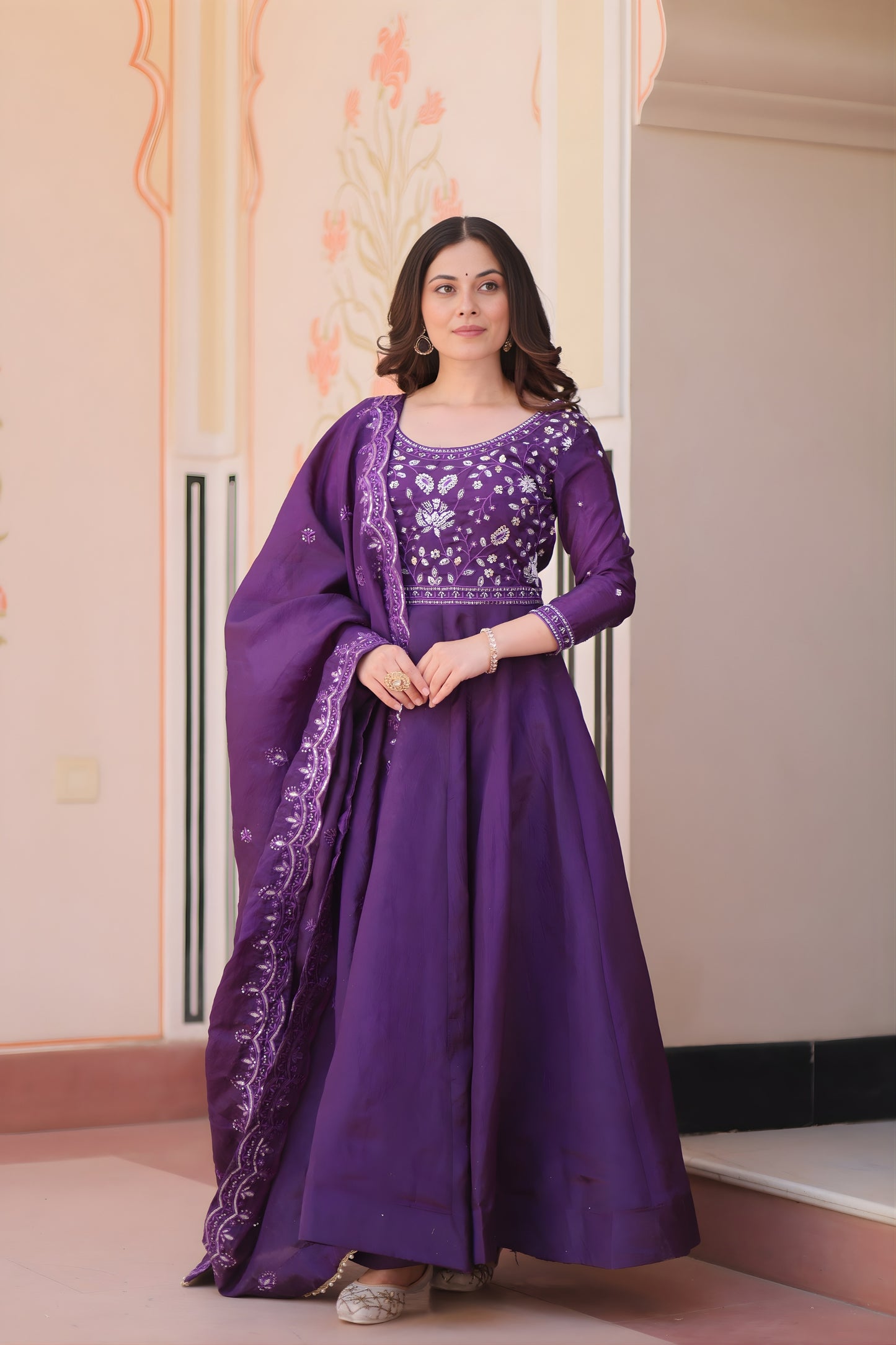 Elegant Purple Gold Crush Embroidered Party Wear Gown with Dupatta for Women