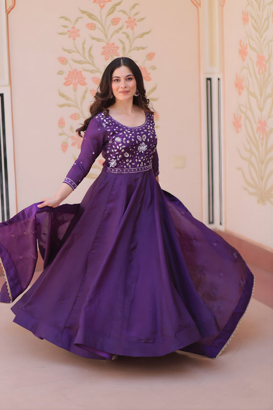 Elegant Purple Gold Crush Embroidered Party Wear Gown with Dupatta for Women