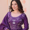 Elegant Purple Gold Crush Embroidered Party Wear Gown with Dupatta for Women