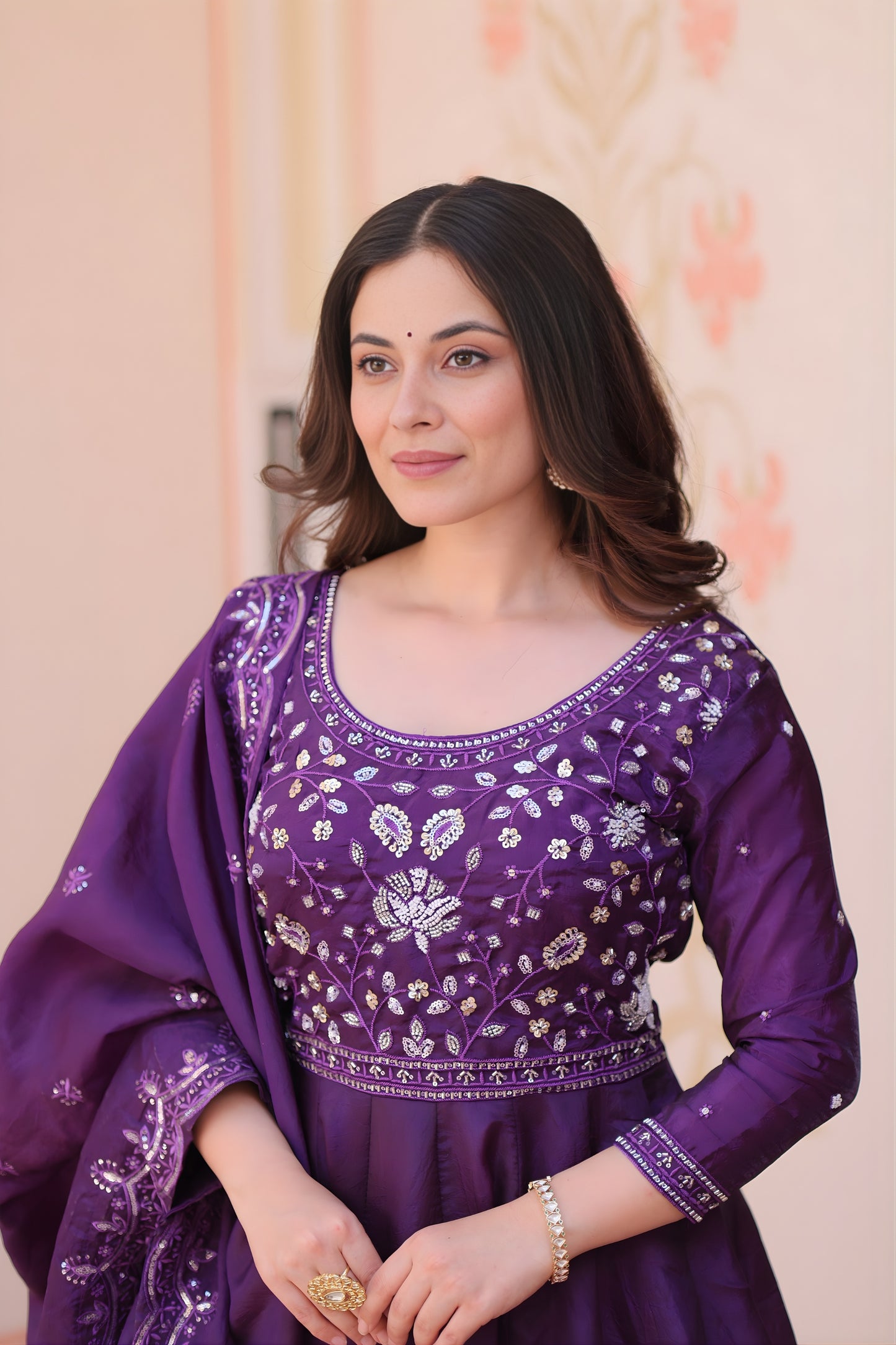 Elegant Purple Gold Crush Embroidered Party Wear Gown with Dupatta for Women