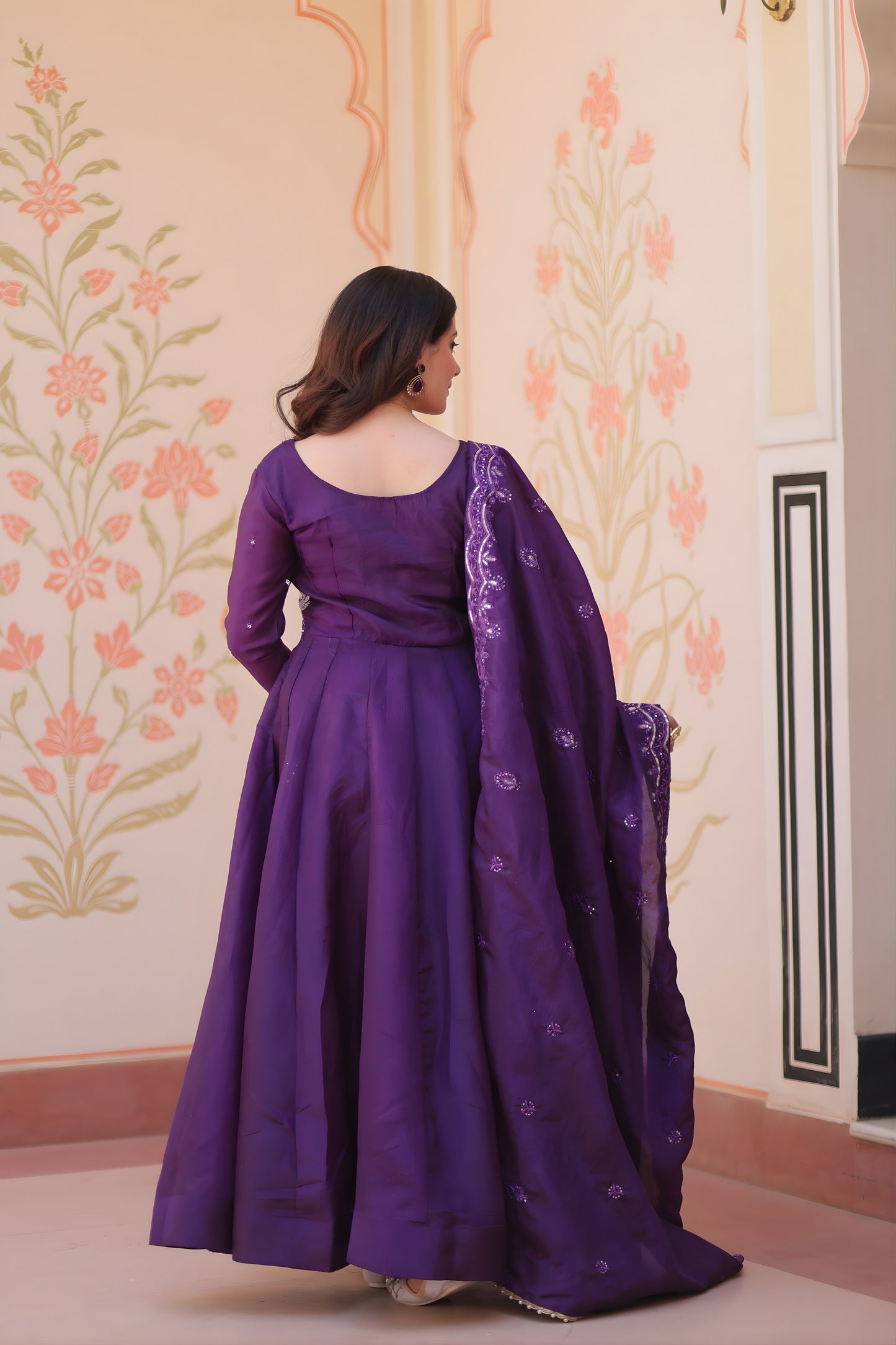 Elegant Purple Gold Crush Embroidered Party Wear Gown with Dupatta for Women