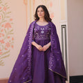 Elegant Purple Gold Crush Embroidered Party Wear Gown with Dupatta for Women