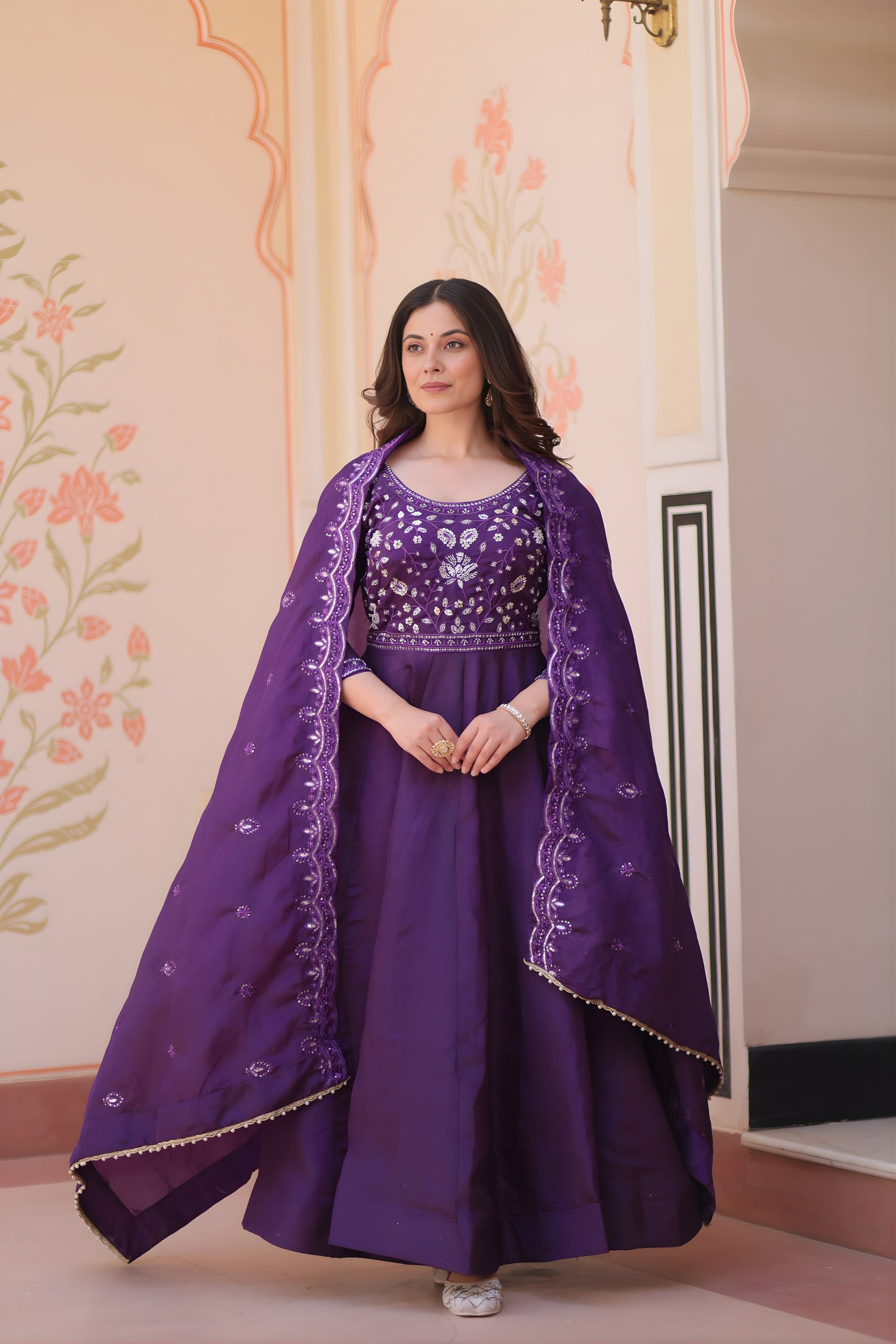 Elegant Purple Gold Crush Embroidered Party Wear Gown with Dupatta for Women