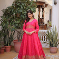 Wonderful Rani Pink Russian Silk Embroidered Party Wear Gown with Dupatta for Women