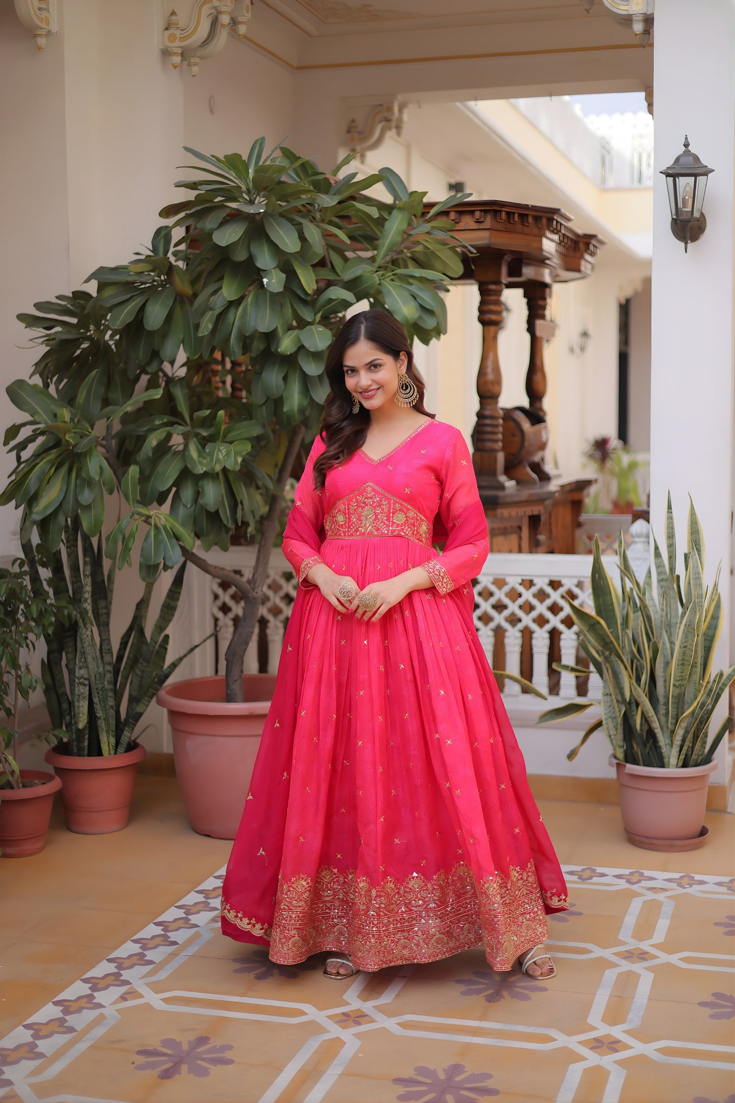 Wonderful Rani Pink Russian Silk Embroidered Party Wear Gown with Dupatta for Women