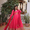 Wonderful Rani Pink Russian Silk Embroidered Party Wear Gown with Dupatta for Women