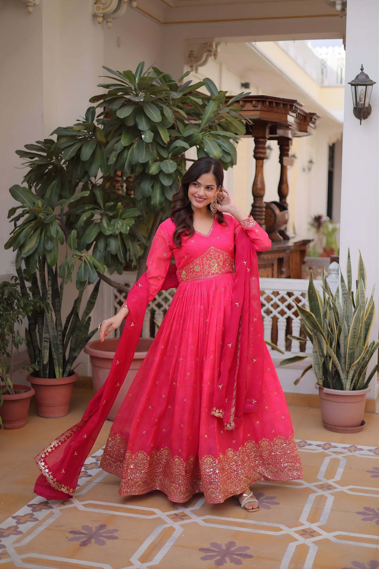 Wonderful Rani Pink Russian Silk Embroidered Party Wear Gown with Dupatta for Women