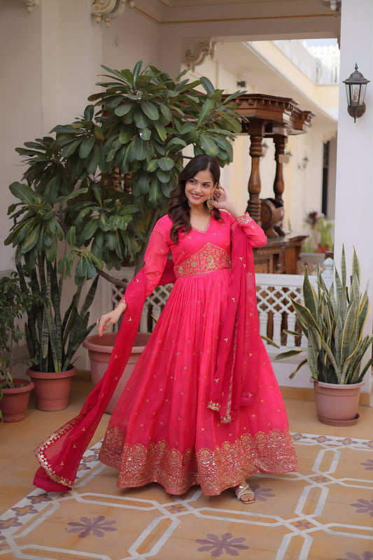 Wonderful Rani Pink Russian Silk Embroidered Party Wear Gown with Dupatta for Women