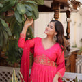 Wonderful Rani Pink Russian Silk Embroidered Party Wear Gown with Dupatta for Women