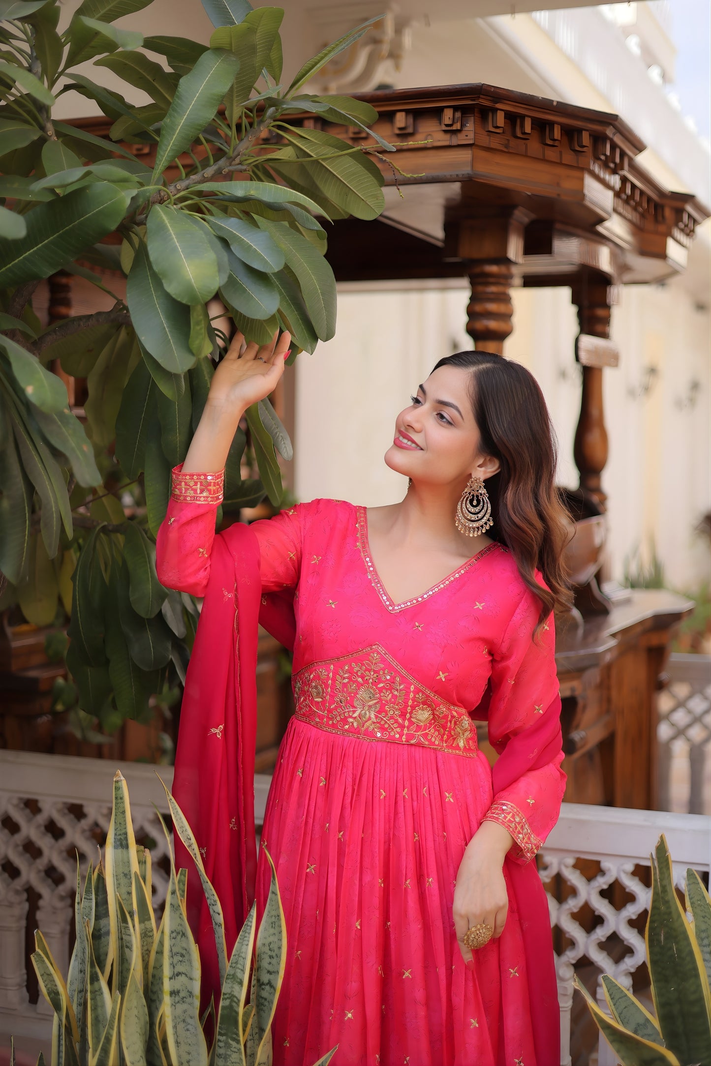 Wonderful Rani Pink Russian Silk Embroidered Party Wear Gown with Dupatta for Women