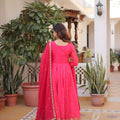 Wonderful Rani Pink Russian Silk Embroidered Party Wear Gown with Dupatta for Women