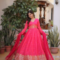 Wonderful Rani Pink Russian Silk Embroidered Party Wear Gown with Dupatta for Women