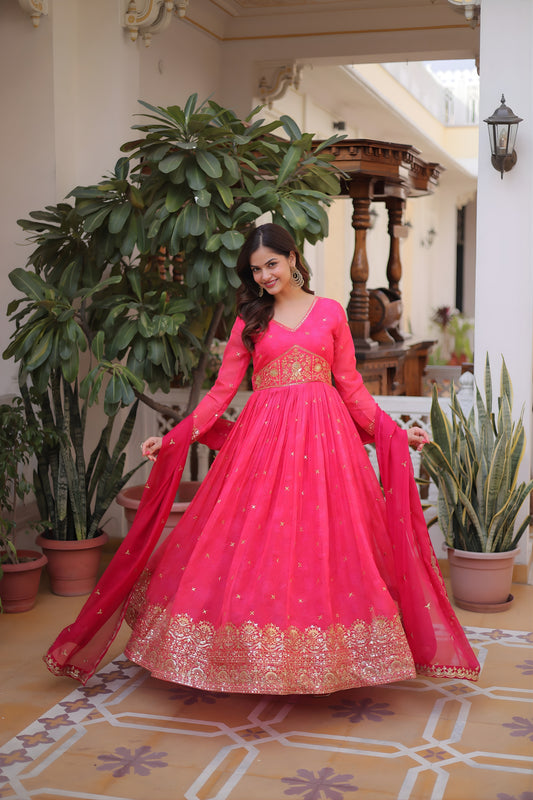 Wonderful Rani Pink Russian Silk Embroidered Party Wear Gown with Dupatta for Women