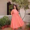 Graceful Peach Embroidered Cotton Casual Kurti Set with Bottom for Women
