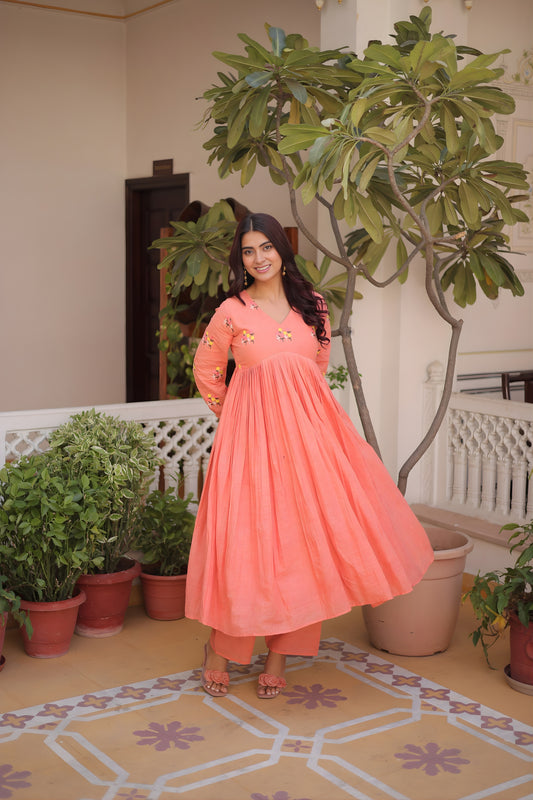 Graceful Peach Embroidered Cotton Casual Kurti Set with Bottom for Women