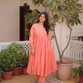 Graceful Peach Embroidered Cotton Casual Kurti Set with Bottom for Women