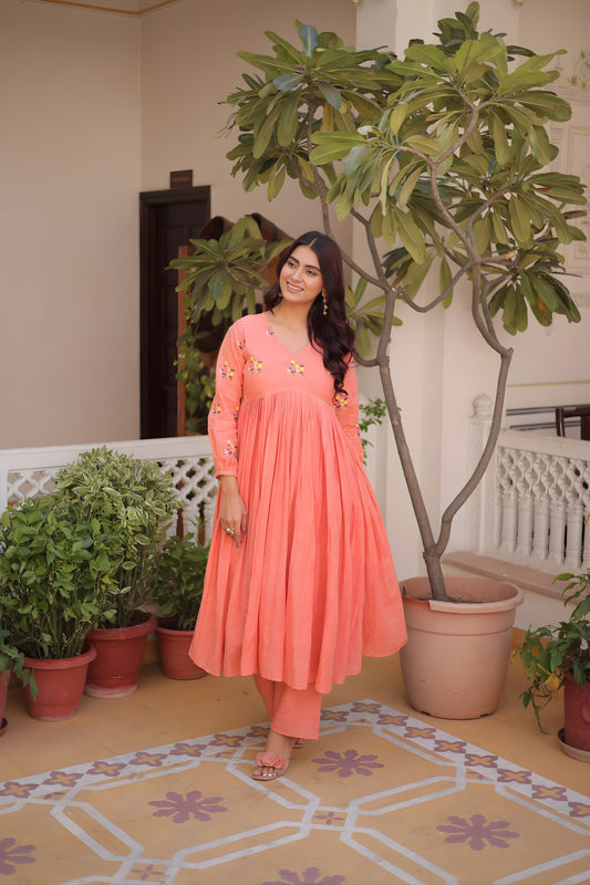 Graceful Peach Embroidered Cotton Casual Kurti Set with Bottom for Women