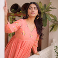 Graceful Peach Embroidered Cotton Casual Kurti Set with Bottom for Women