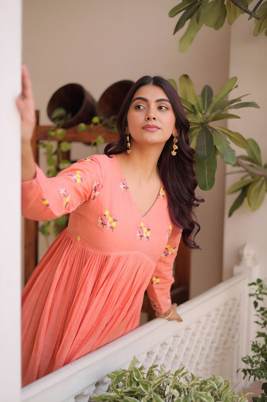 Graceful Peach Embroidered Cotton Casual Kurti Set with Bottom for Women