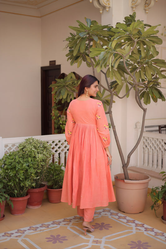 Graceful Peach Embroidered Cotton Casual Kurti Set with Bottom for Women