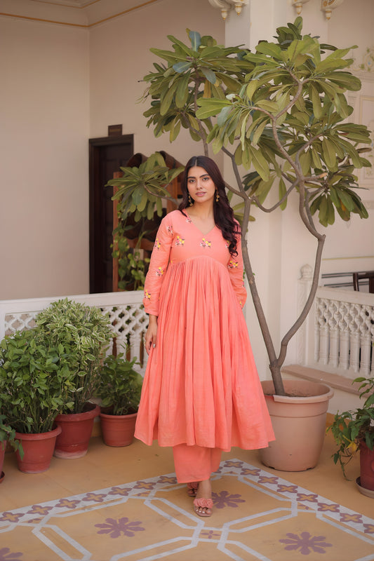  Graceful Peach Embroidered Cotton Casual Kurti Set with Bottom for Women