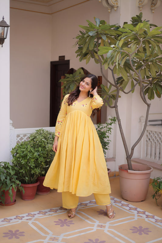 Beautiful Yellow Embroidered Cotton Casual Kurti Set with Bottom for Women
