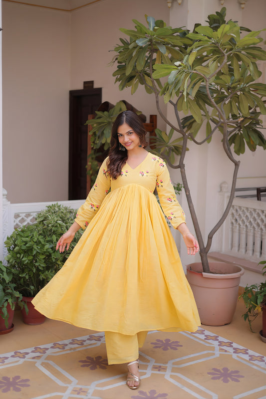 Beautiful Yellow Embroidered Cotton Casual Kurti Set with Bottom for Women