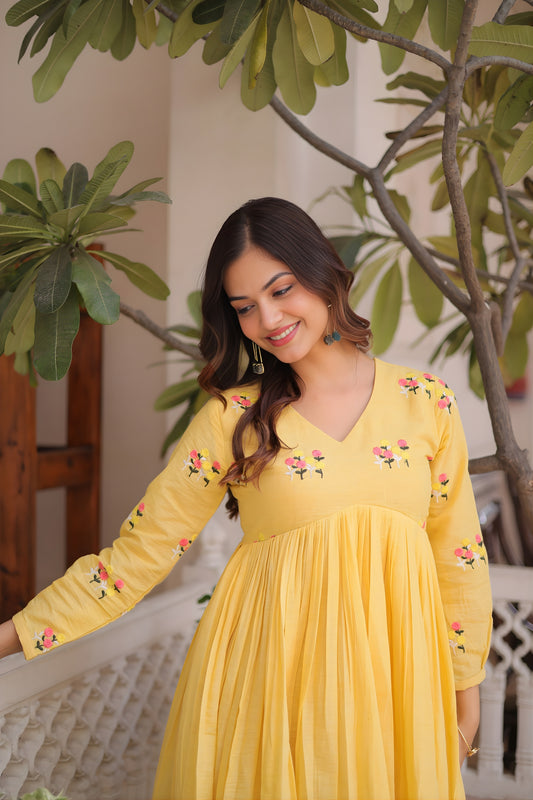 Beautiful Yellow Embroidered Cotton Casual Kurti Set with Bottom for Women
