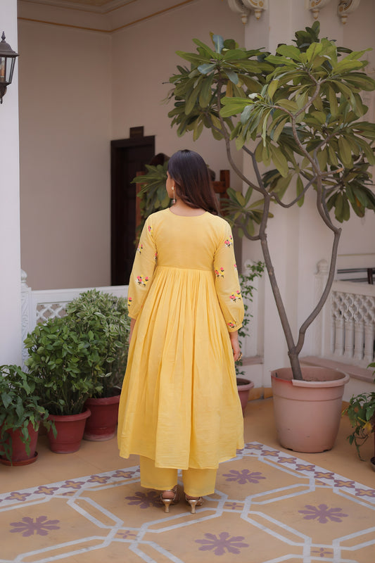 Beautiful Yellow Embroidered Cotton Casual Kurti Set with Bottom for Women