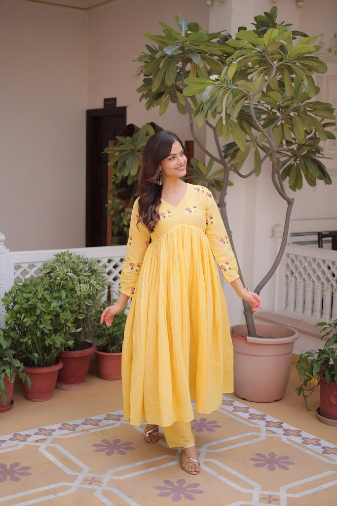  Beautiful Yellow Embroidered Cotton Casual Kurti Set with Bottom for Women
