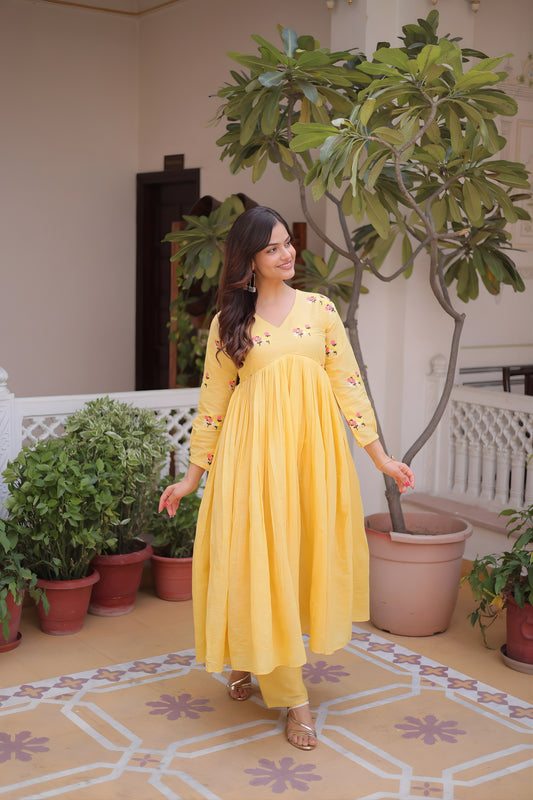  Beautiful Yellow Embroidered Cotton Casual Kurti Set with Bottom for Women