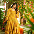 Elegant Mustard Yellow Chinon Floral Digital Printed Casual Gown for Women