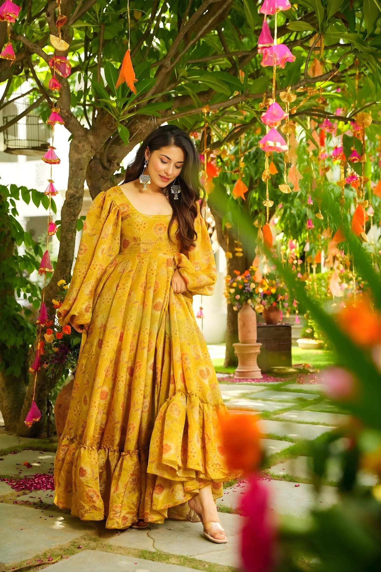 Elegant Mustard Yellow Chinon Floral Digital Printed Casual Gown for Women