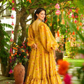 Elegant Mustard Yellow Chinon Floral Digital Printed Casual Gown for Women