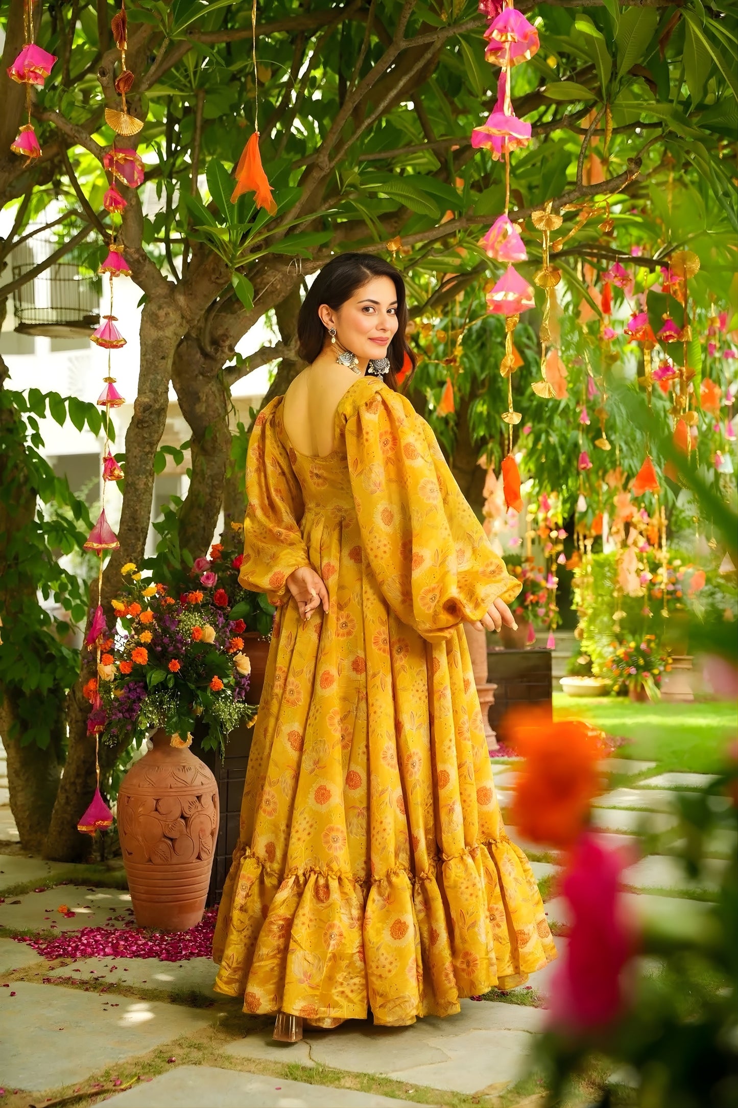 Elegant Mustard Yellow Chinon Floral Digital Printed Casual Gown for Women