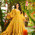 Elegant Mustard Yellow Chinon Floral Digital Printed Casual Gown for Women