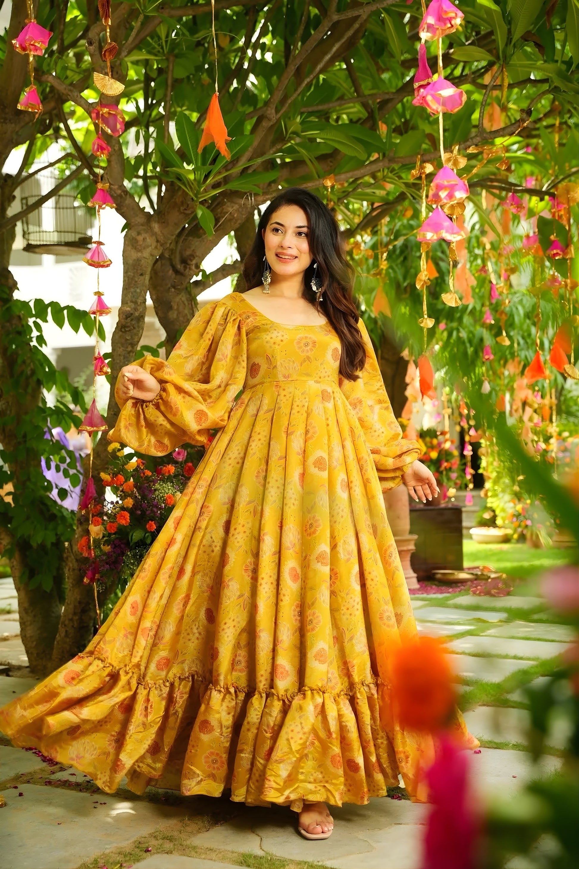 Elegant Mustard Yellow Chinon Floral Digital Printed Casual Gown for Women