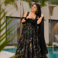 Lovely Black Chinon Floral Digital Printed Casual Gown with Dupatta for Women