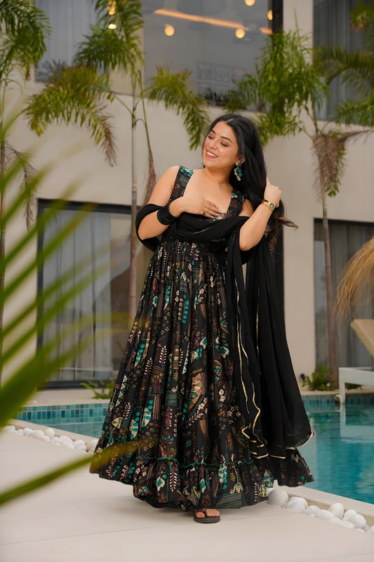 Lovely Black Chinon Floral Digital Printed Casual Gown with Dupatta for Women