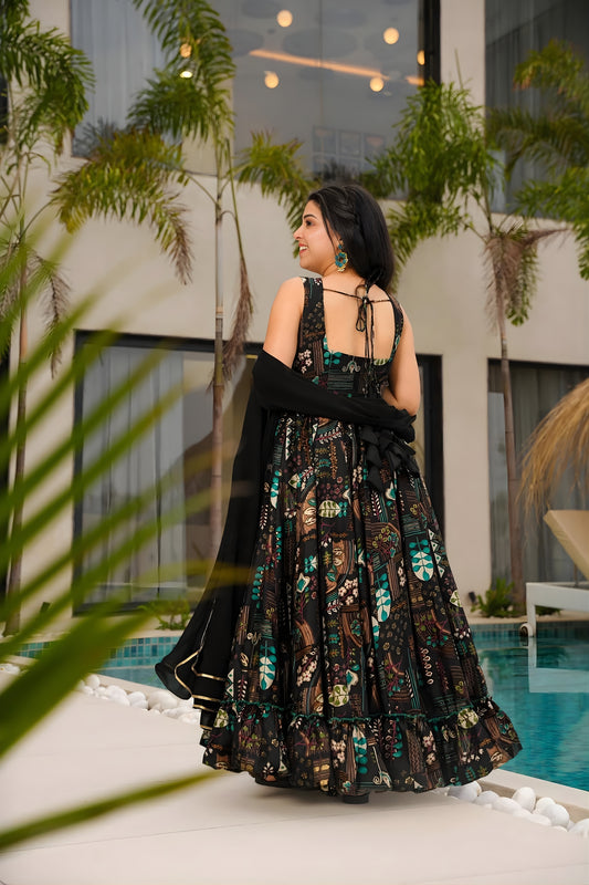 Lovely Black Chinon Floral Digital Printed Casual Gown with Dupatta for Women